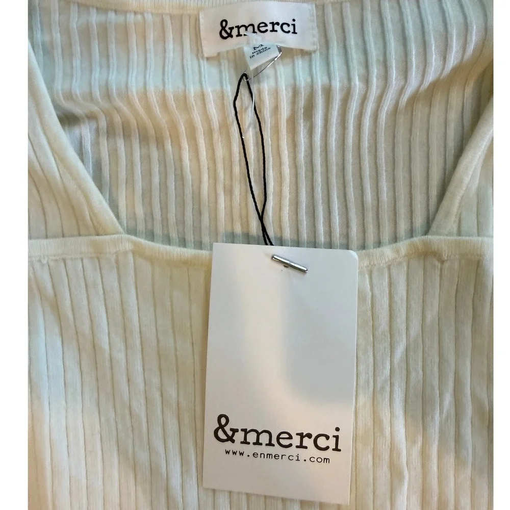 &merci Womens Cream White Ribbed Knit Square Neck Long Sleeve Top Size M NWT